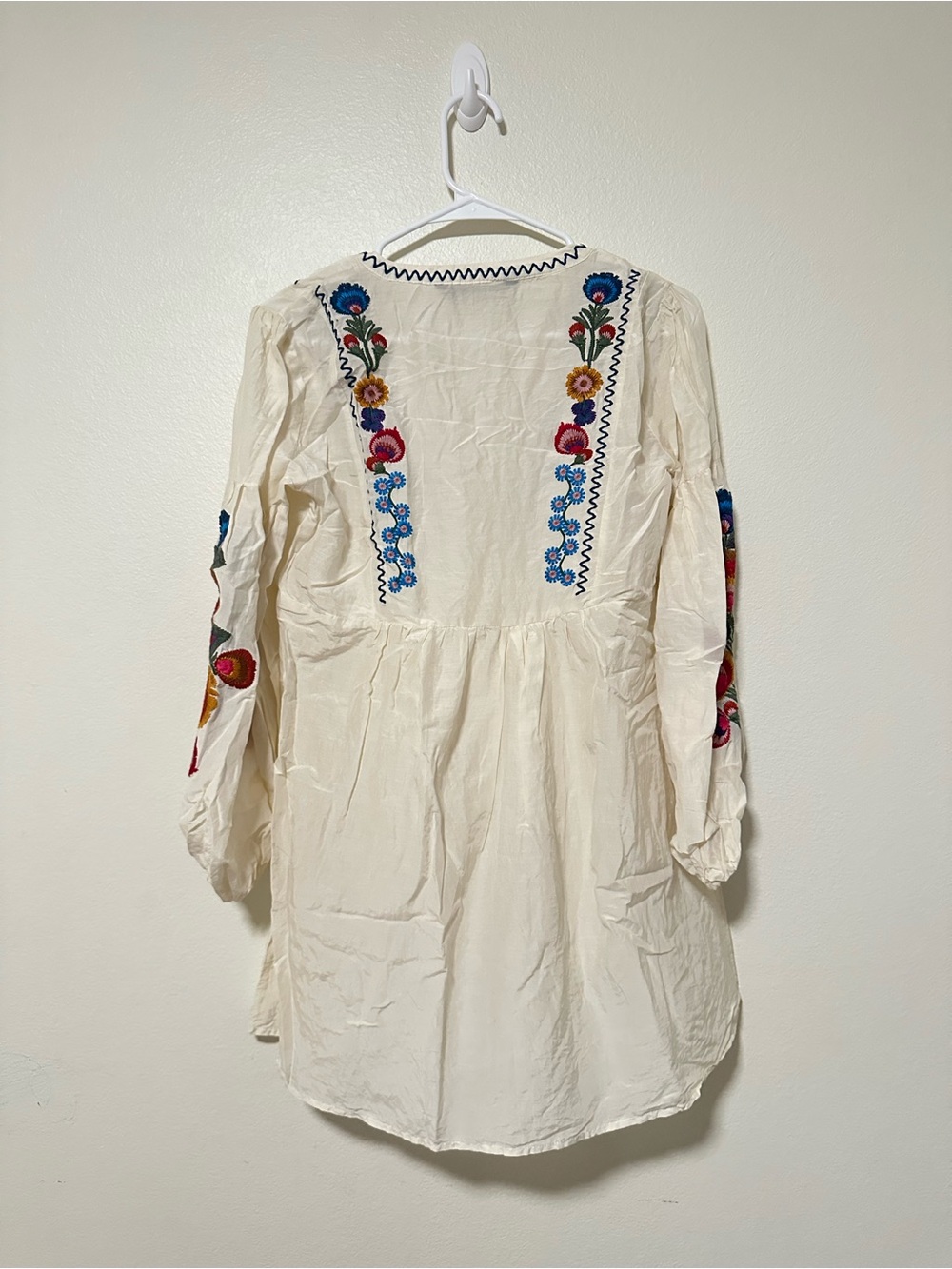 Zara Embroidered Ivory Boho Tunic Dress with Navy Tassel Tie - Picture 6 of 6